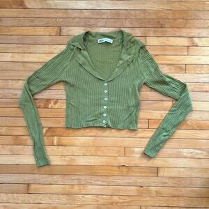Zara ribbed knit green long sleeve button up crop top SMALL
